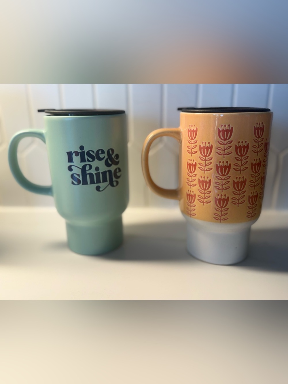 ☕️ Mint "Rise & Shine" and Peach Floral 70’s Travel Mug Set - 18 oz